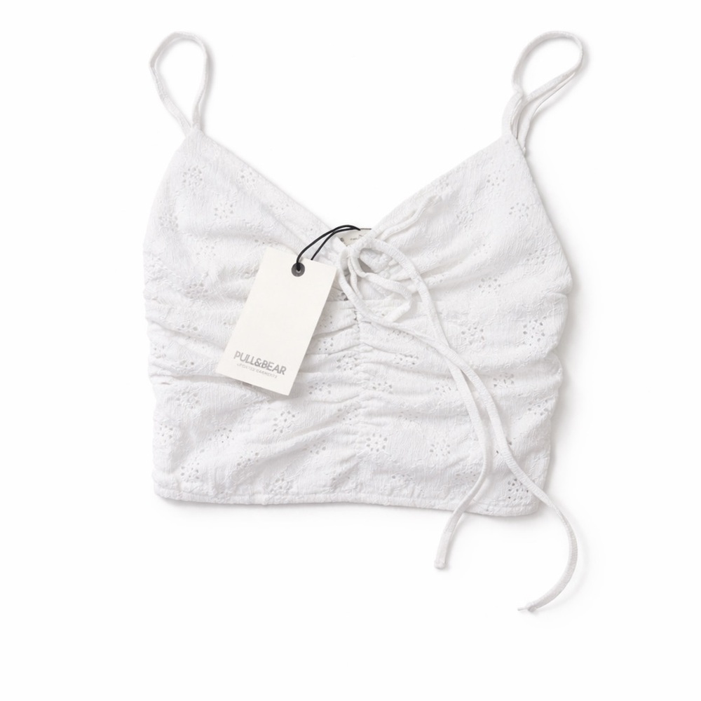 Pull&Bear White Eyelet Ruched Tie-Front Cami Size XS NWT